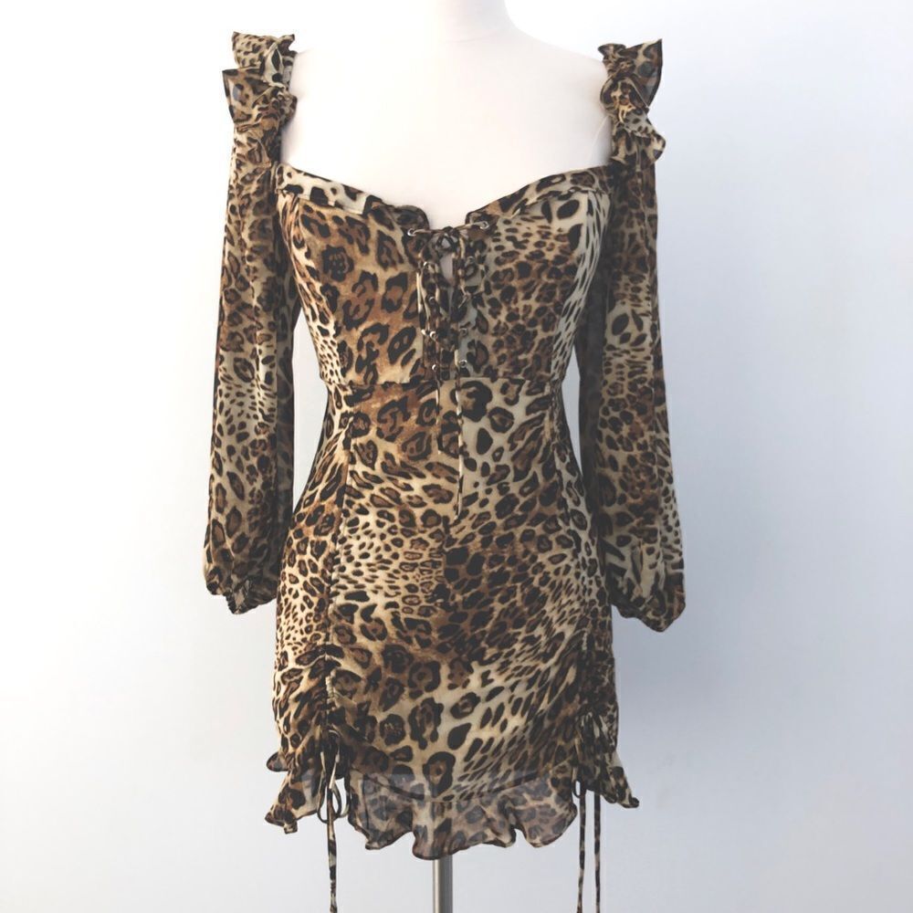 Acoa Animal Print Lace Up Long Sleeve Mini Dress With Ruching & Ruffles in Brown